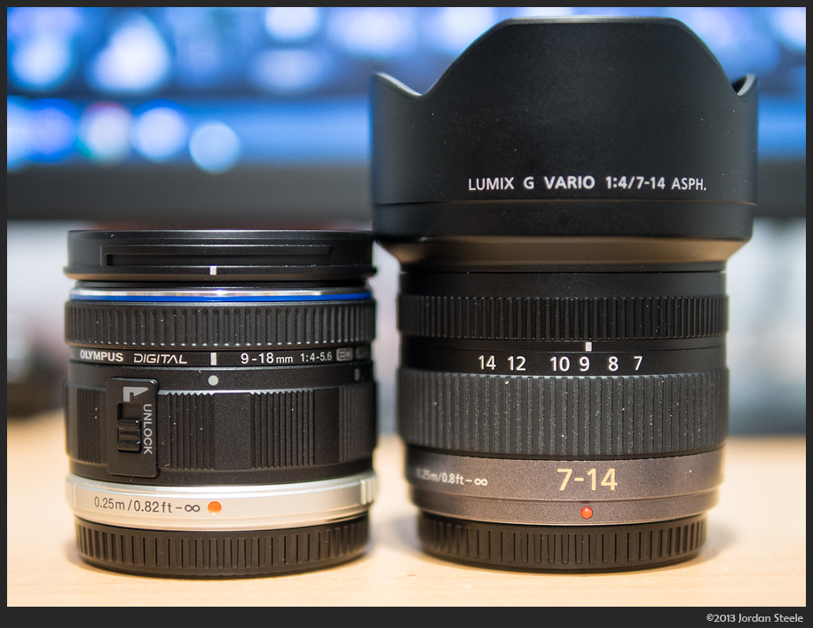 Micro 4/3 Wide-Angles.  Olympus 9-18mm on the left, Panasonic 7-14mm on the right.