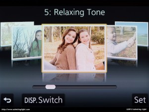 The GX7's scene mode selection - showing the 'Relaxing Tone' mode.