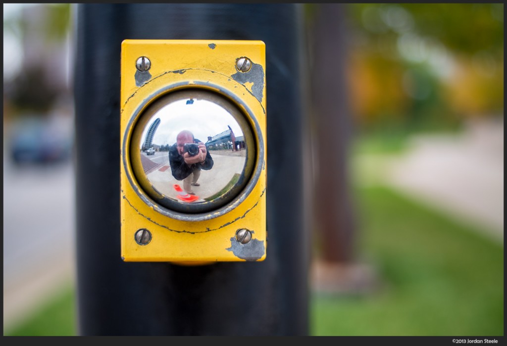 Crosswalk Button Self Portrait - Fujifilm X-E1 with Canon FD 35mm f/2 + Speed Booster @ 25mm, f/1.4