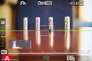 The X-E2's focus peaking has highlighted the in-focus battery, making it easy to see where the focus is placed