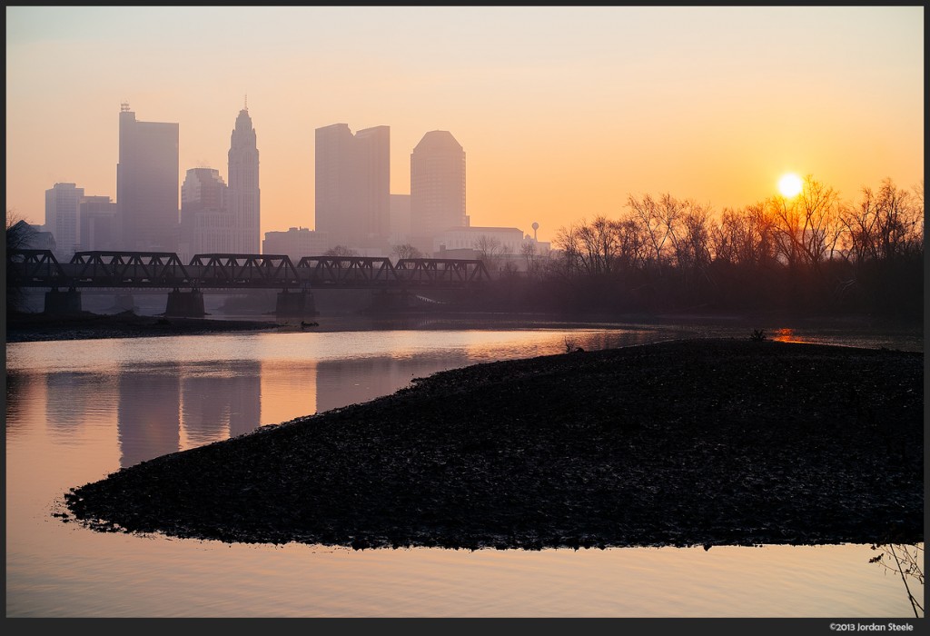 Sunrise over a low Scioto River - Fujifilm X-E2 with Canon FL 55mm f/1.2 + Speed Booster @ 39mm, f/8