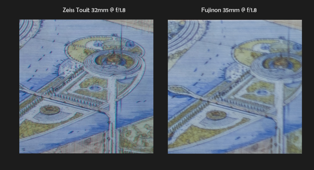 Zeiss 32mm f/1.8 vs Fuji 35mm f/1.4, 100% Edge Crops @ f/1.8 (click to enlarge)