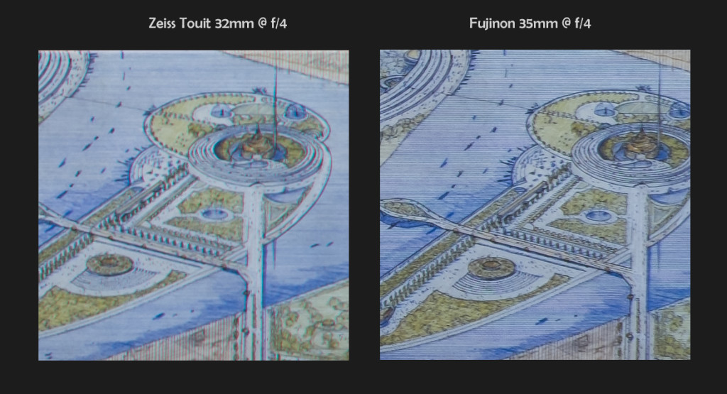 Zeiss 32mm f/1.8 vs Fuji 35mm f/1.4, 100% Edge Crops @ f/4 (click to enlarge)