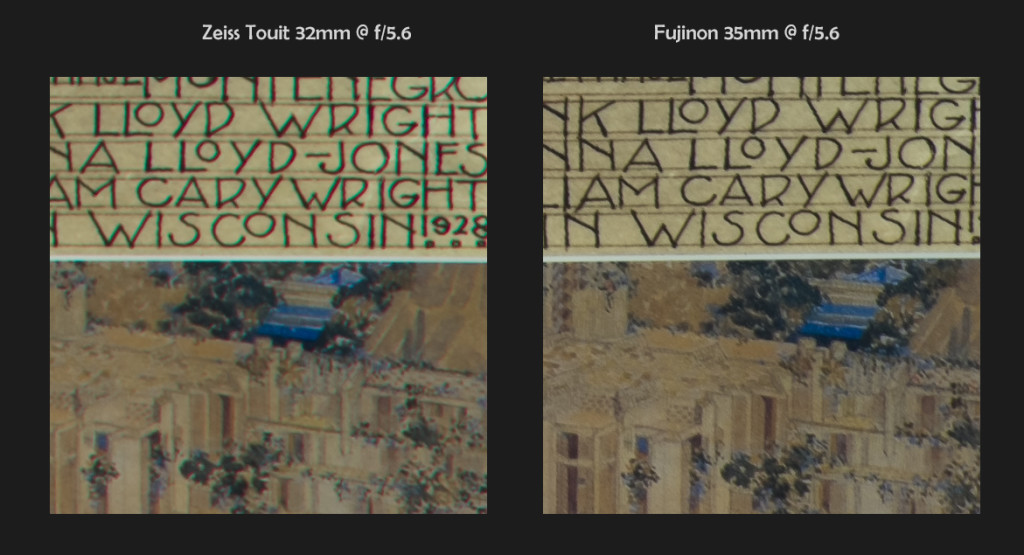 Zeiss 32mm f/1.8 vs Fuji 35mm f/1.4, 100% Corner Crops @ f/5.6 (click to enlarge)