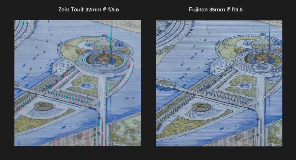 Zeiss 32mm f/1.8 vs Fuji 35mm f/1.4, 100% Edge Crops @ f/5.6 (click to enlarge)