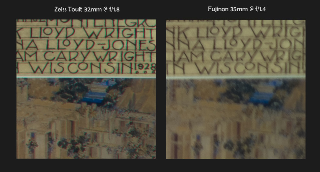 Zeiss 32mm f/1.8 vs Fuji 35mm f/1.4, 100% Corner Crops @ Maximum Aperture (click to enlarge)
