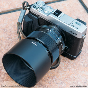 The 56mm f/1.2 with hood mounted on the Fujifilm X-E2