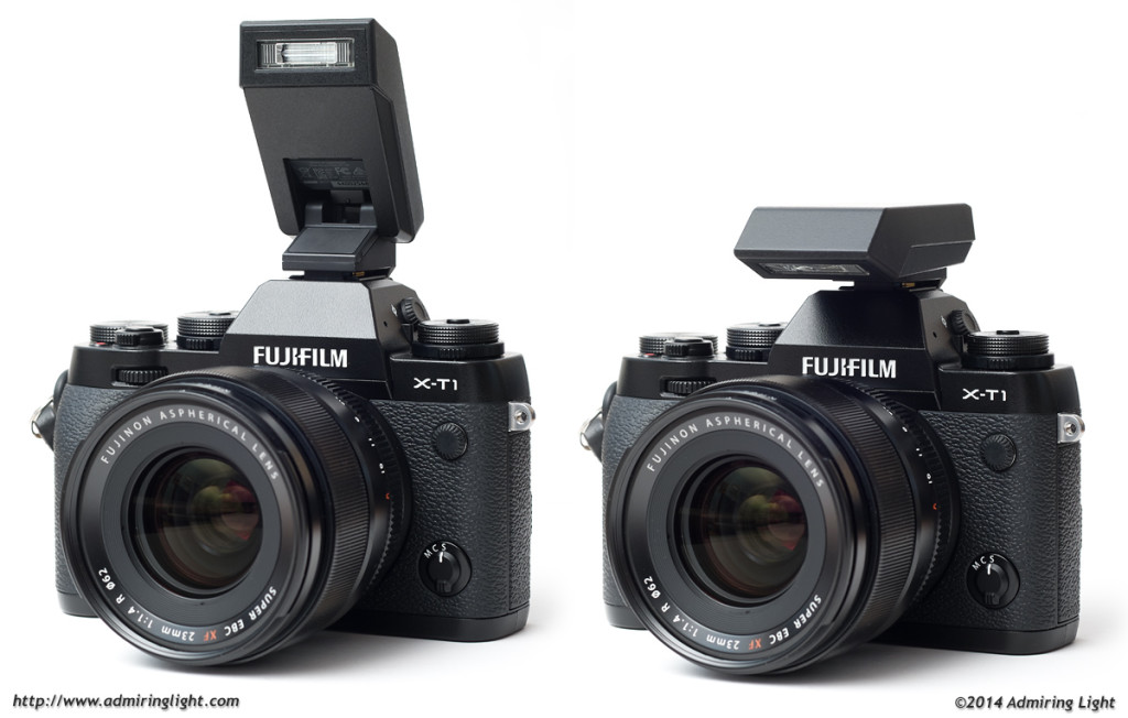 The clip-on flash for the X-T1 in its raised (left) and lowered (right) position