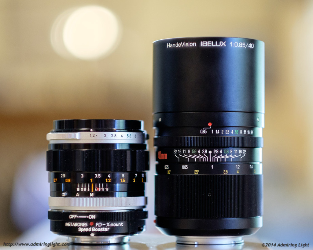Ultra Fast Battle: Canon FL55mm f/1.2 + Speed Booster (left) vs. Ibelux 40mm f/0.85 (right)