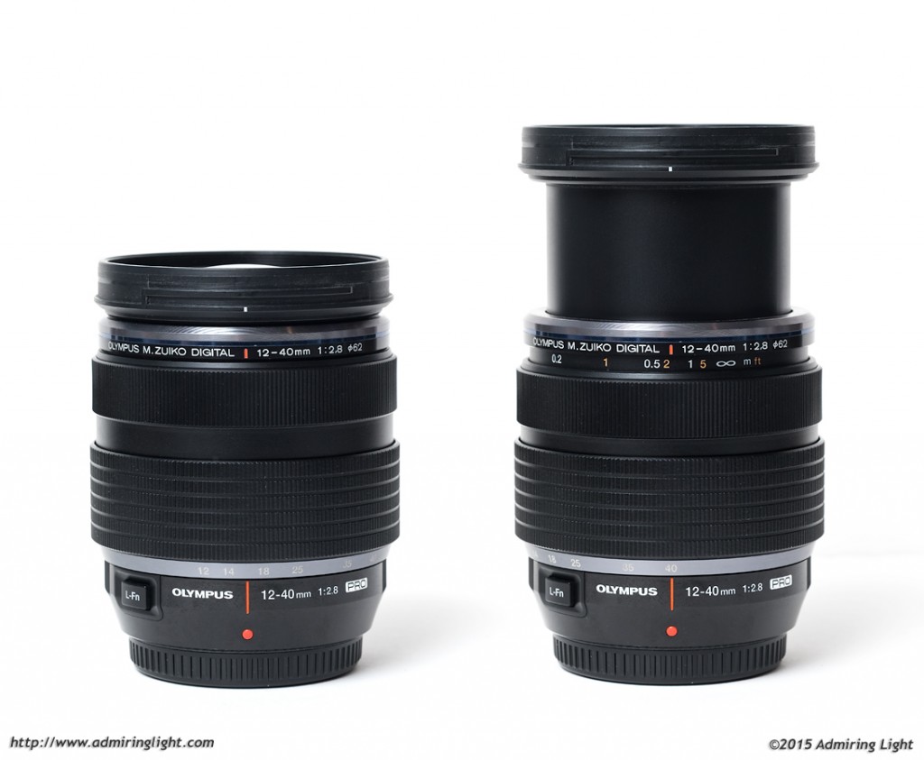 The lens at its shortest length (left) and longest (right).  The manual focus clutch is also pulled back to reveal the focus scale in the right hand image.