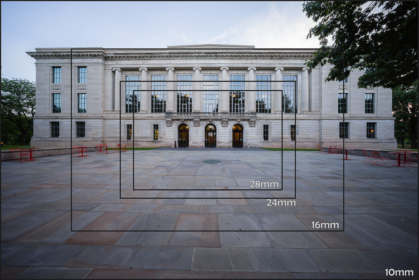 Fields of View of the 10mm compared to other wide-angle focal lengths (click to enlarge)