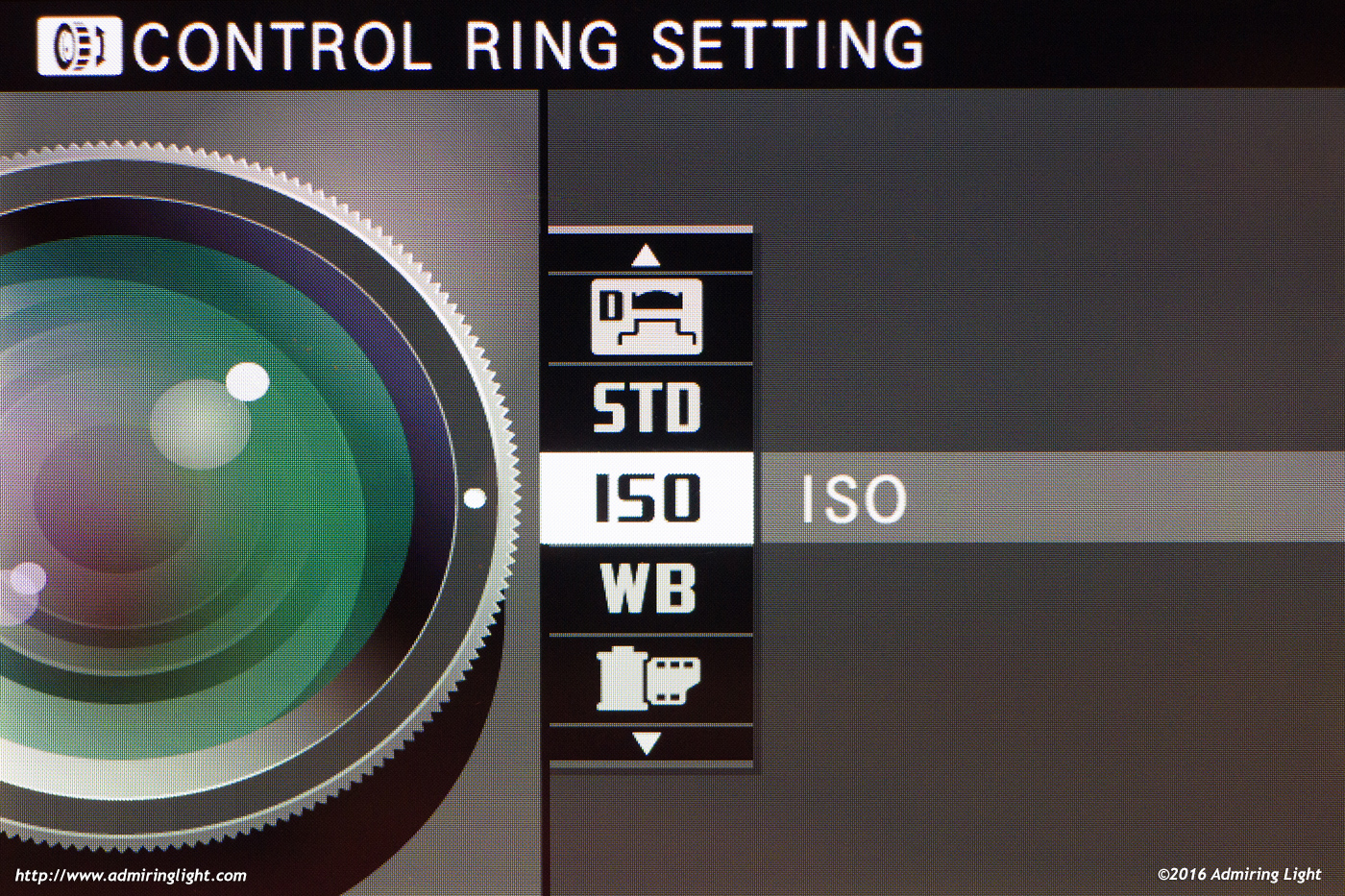 The front control ring can be set to adjust a multitude of options