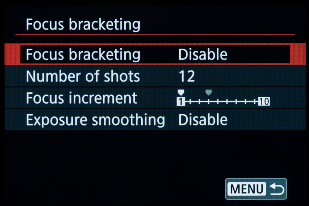 Canon EOS R6 Focus Bracketing Menu